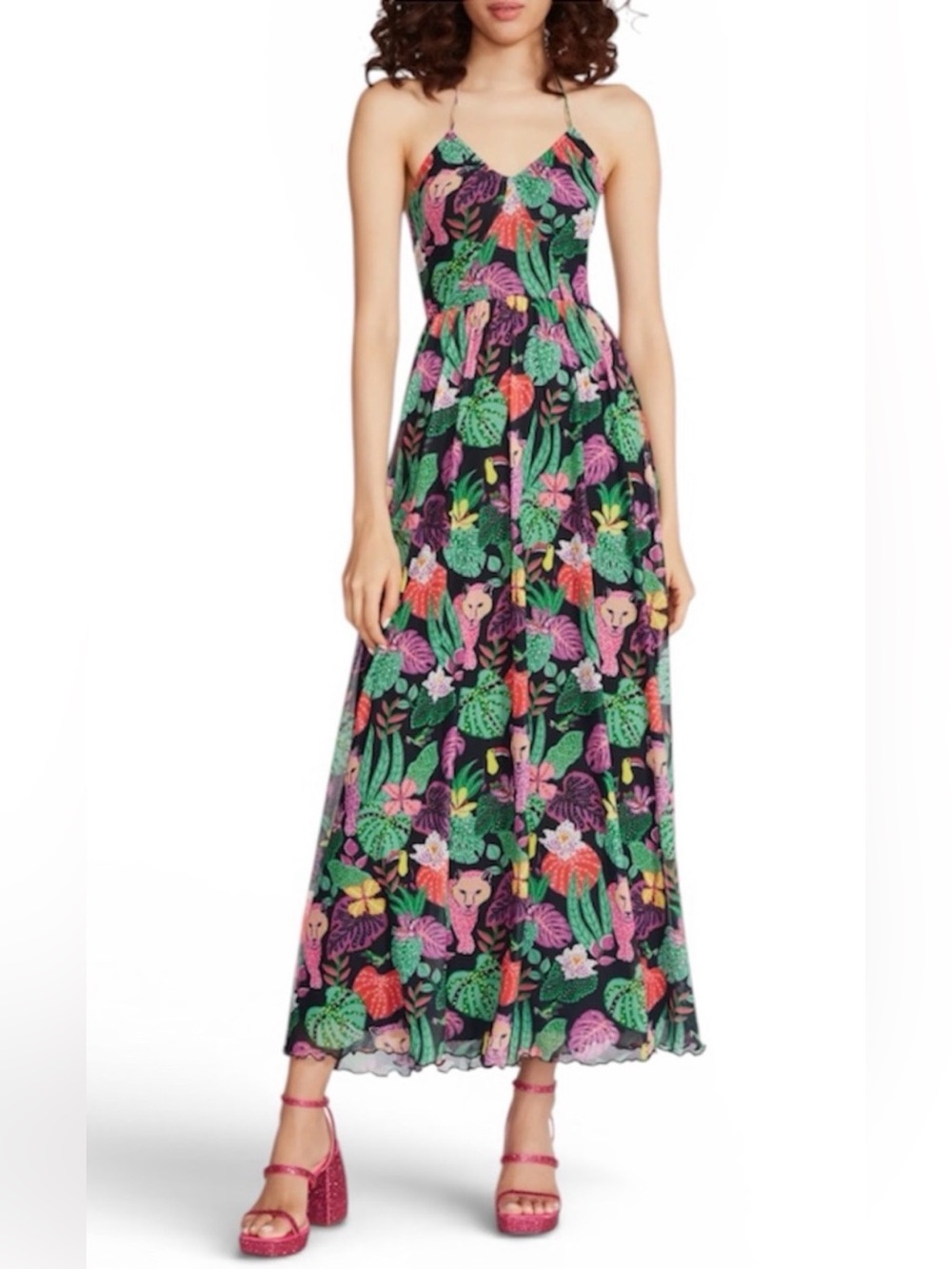 Bessie Johnson, Paulina Tropical Maxi Dress in Black Pink & Green Print large